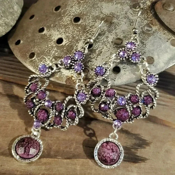 Vintage 90s Lacy Fancy Purple Antique Silver Acrylic Crystal Dangle Earrings - Picture 2 of 8